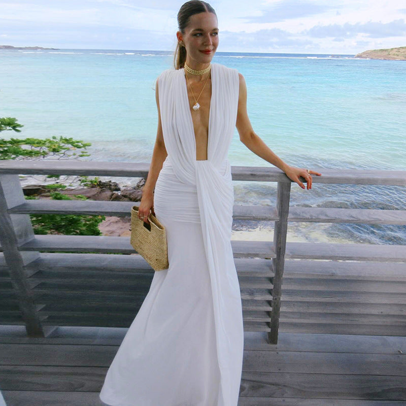 Summer Women Clothing Sexy Deep V Plunge neck High Waist Sheath Solid Color Dress Women Bella Mia